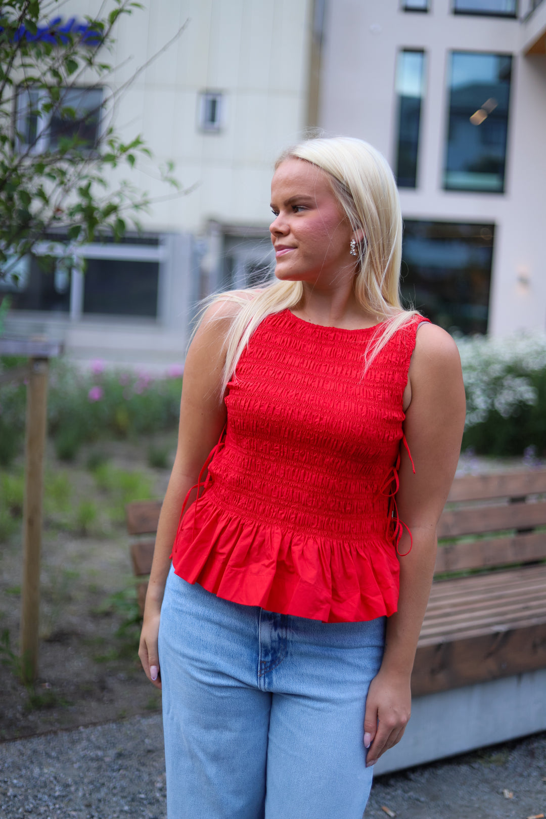Cotton Poplin Smock Tie String Top Racing Red