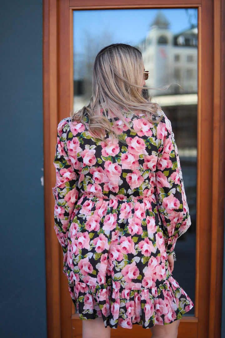 Cotton Slub V-Neck Dress Rose Bouquet