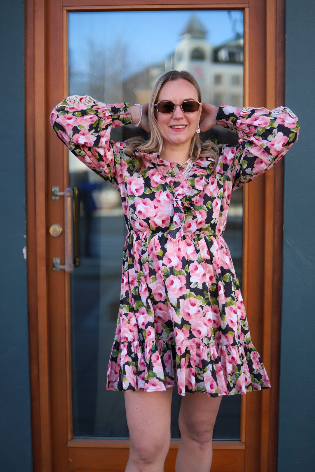 Cotton Slub V-Neck Dress Rose Bouquet