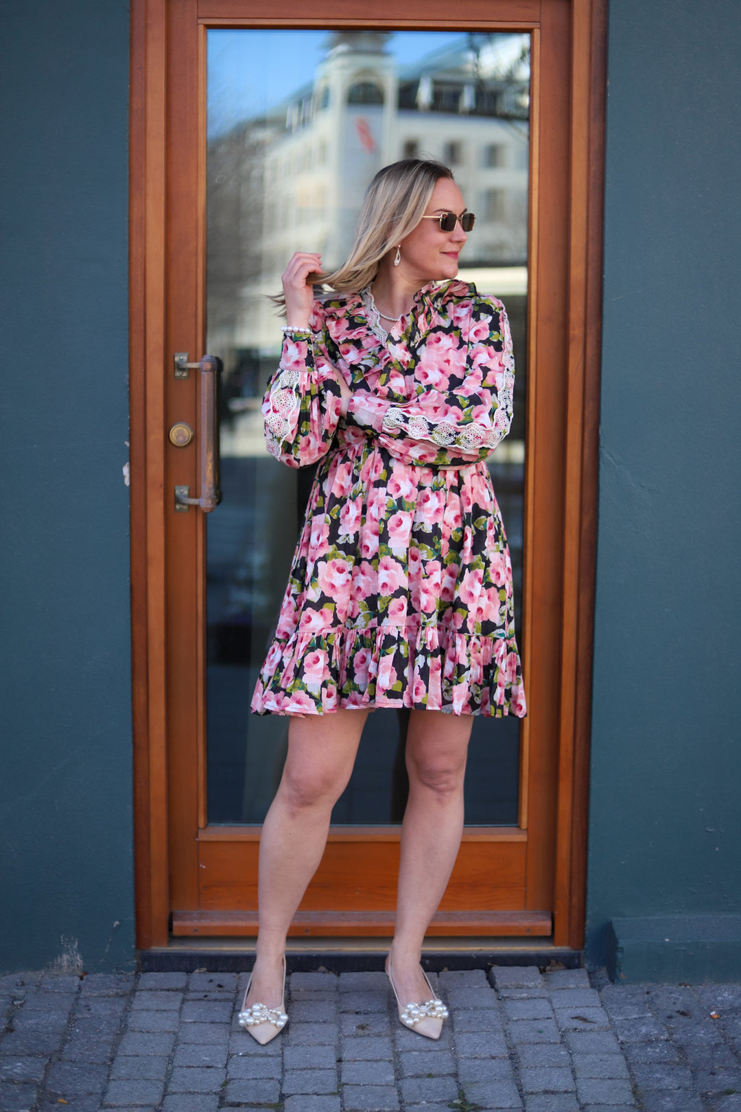 Cotton Slub V-Neck Dress Rose Bouquet
