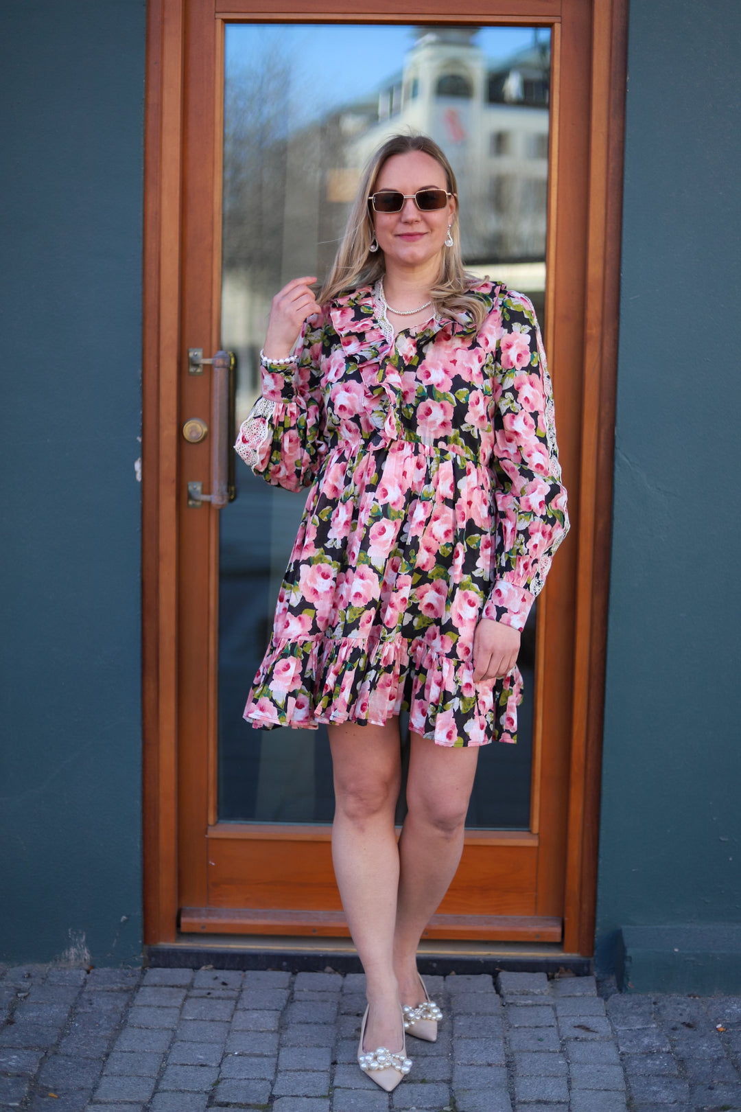 Cotton Slub V-Neck Dress Rose Bouquet
