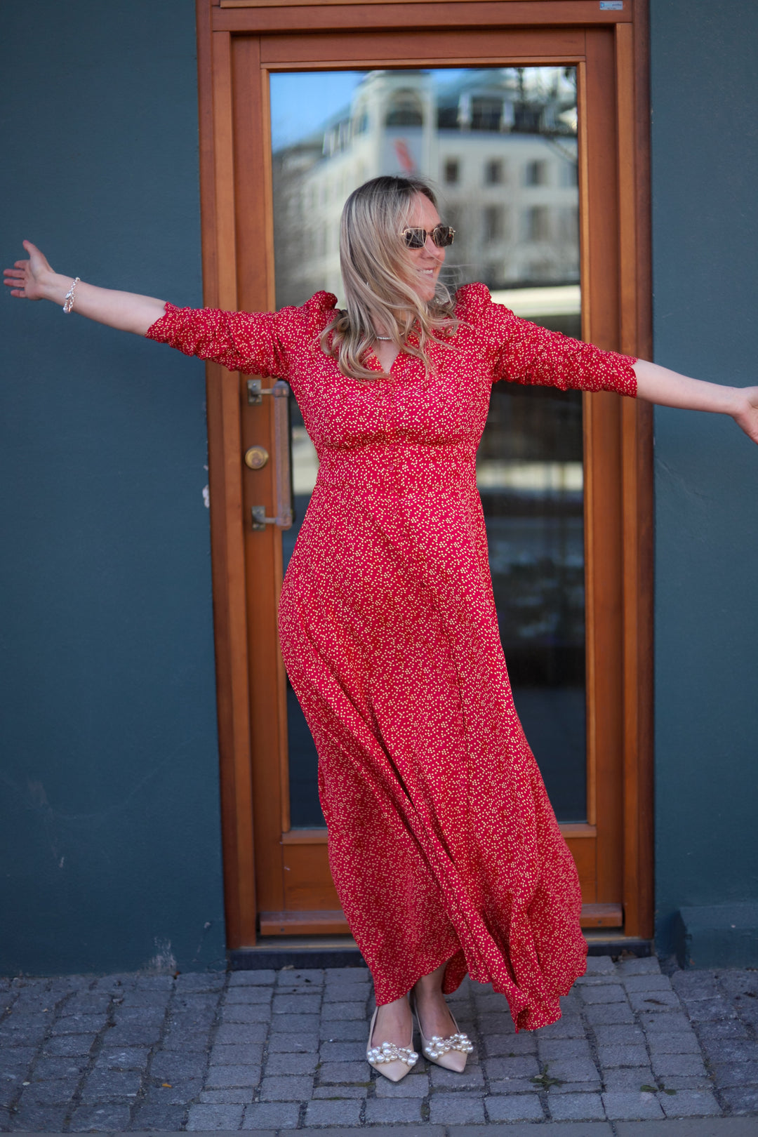 Spring Button-Down Dress Red Dots