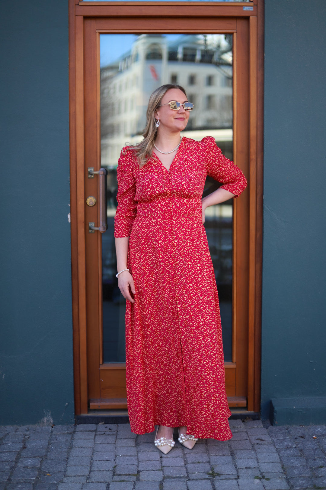 Spring Button-Down Dress Red Dots