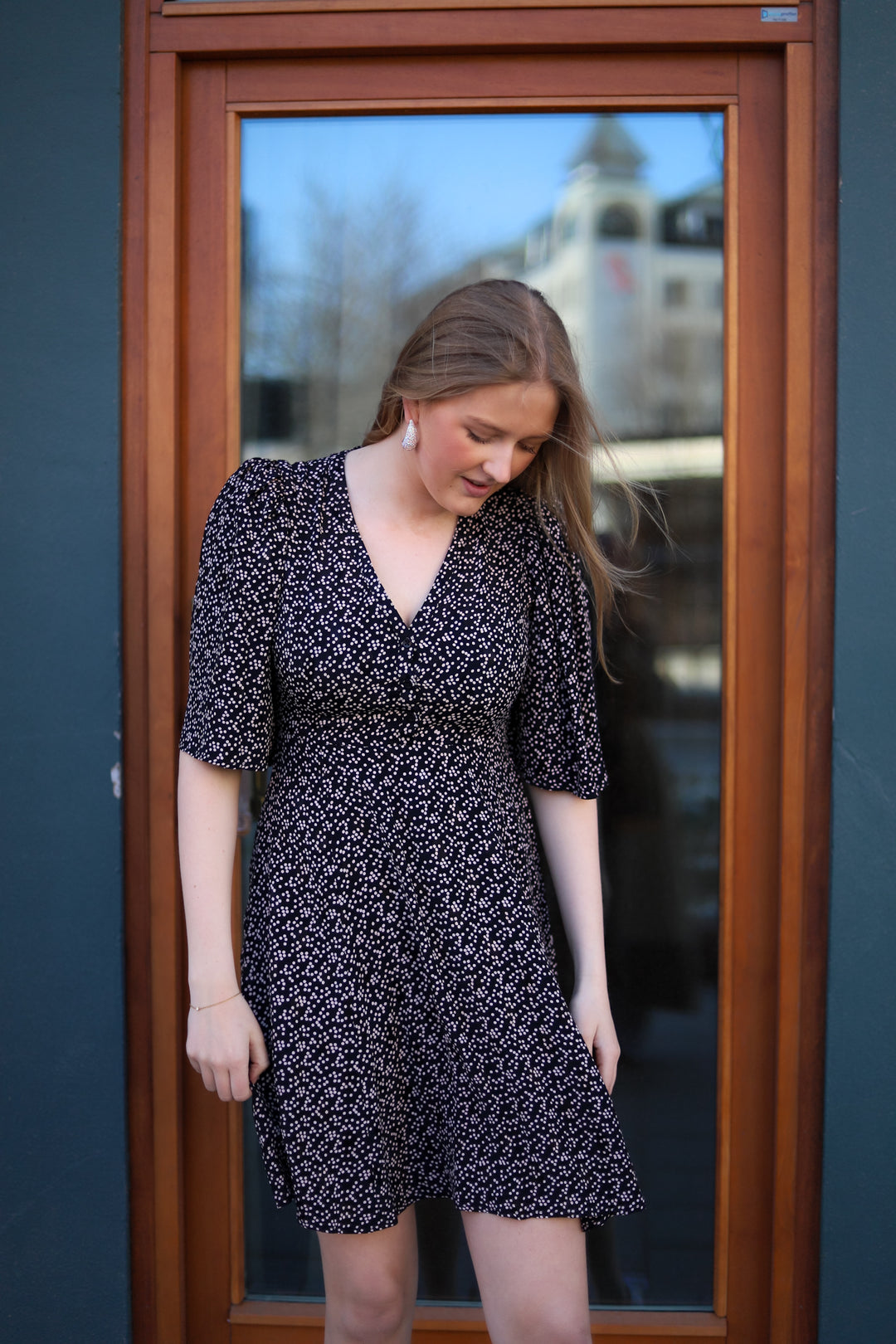 Spring V-Neck Dress Black Dots