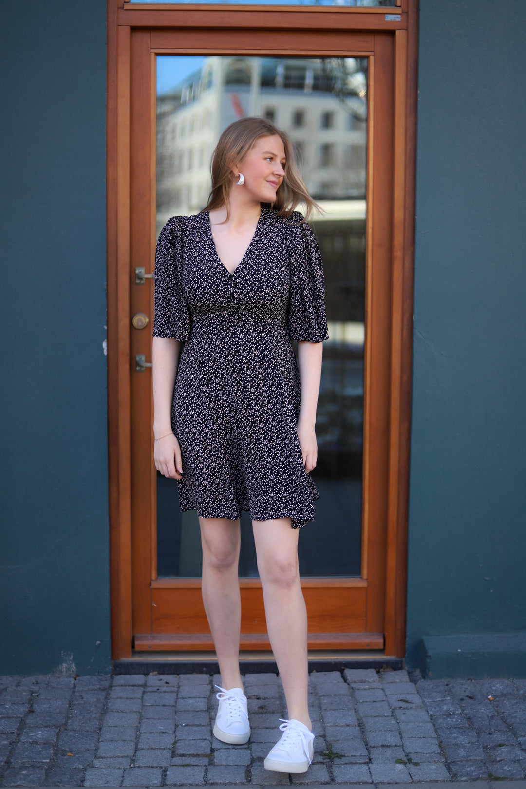 Spring V-Neck Dress Black Dots