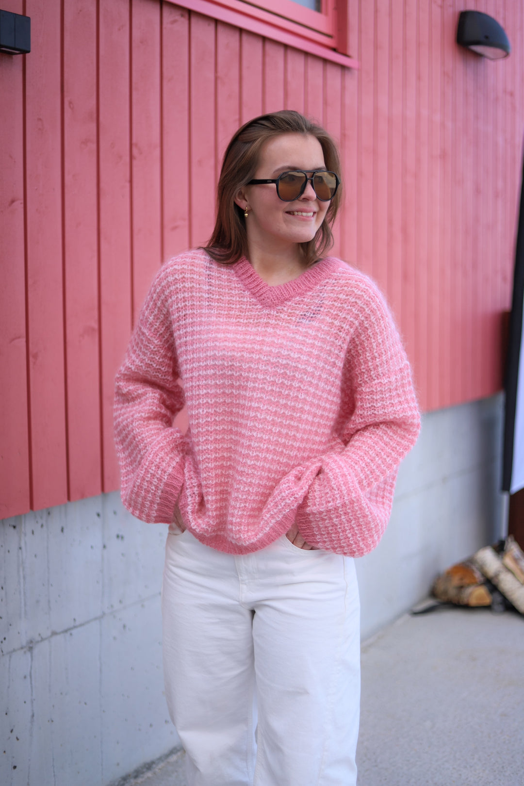 Boxy Mohair V-Neck Sweater Pink Mix