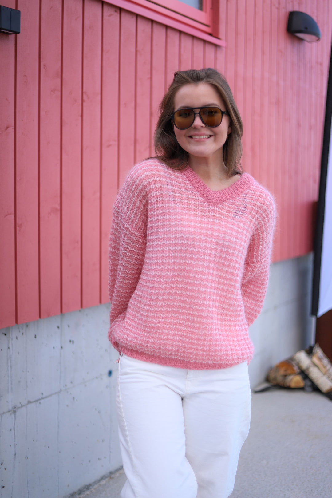 Boxy Mohair V-Neck Sweater Pink Mix