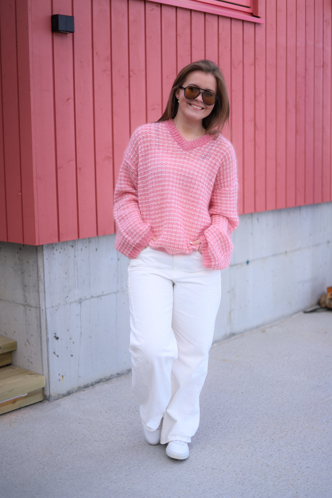 Boxy Mohair V-Neck Sweater Pink Mix
