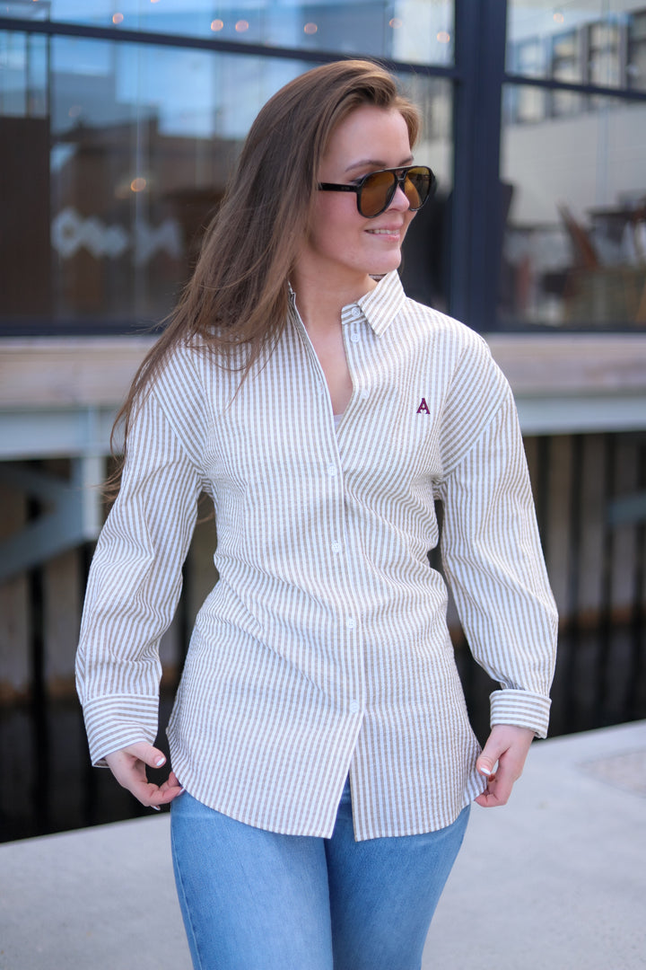 Palermo Seersucker Stripe Shirt Beige/White