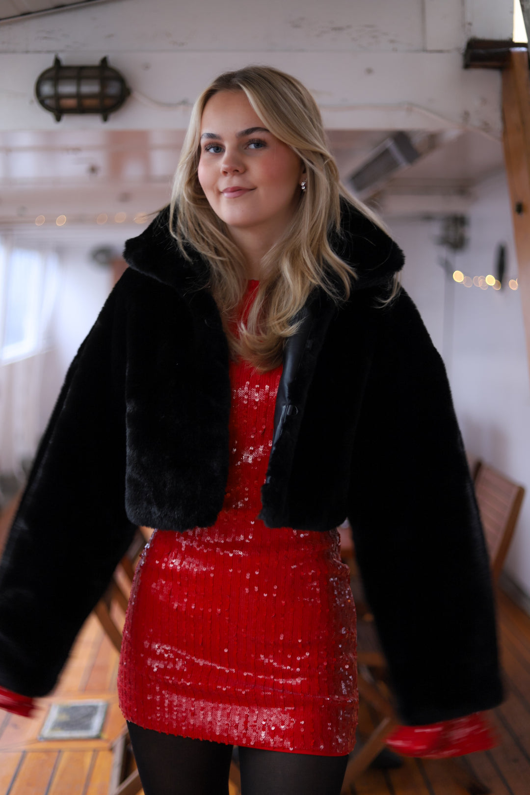Faux Fur Crop Jacket Black