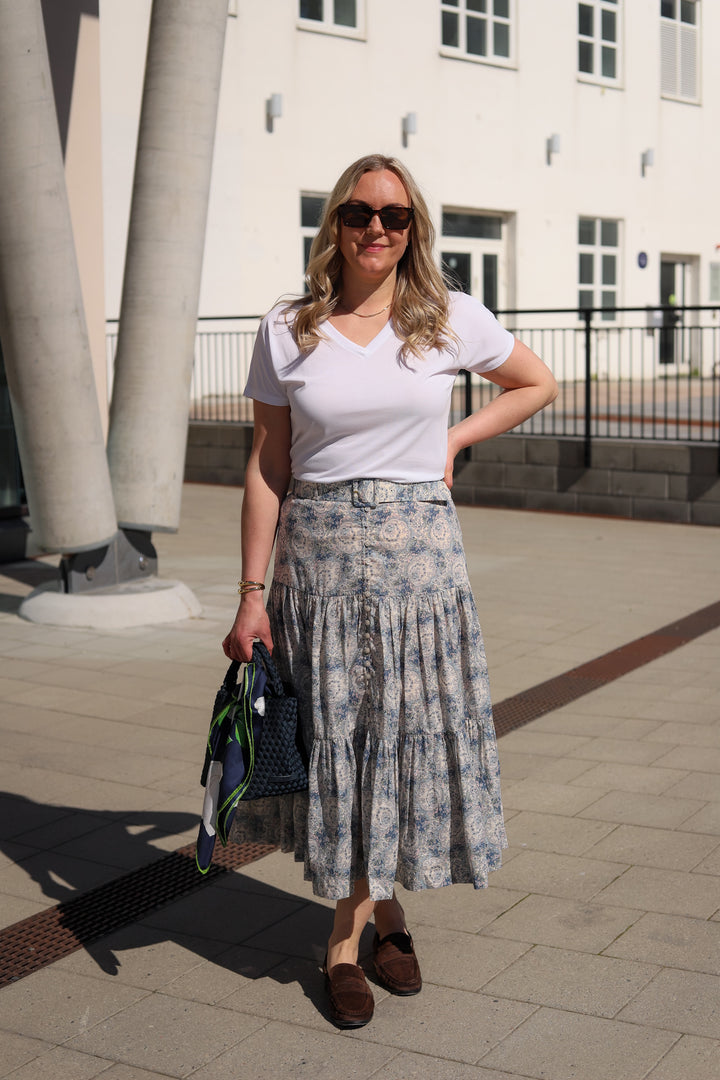 Cotton Slub Midi Skirt Blue Paisley