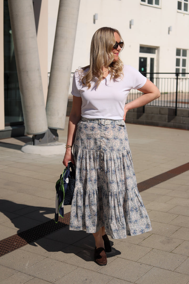 Cotton Slub Midi Skirt Blue Paisley