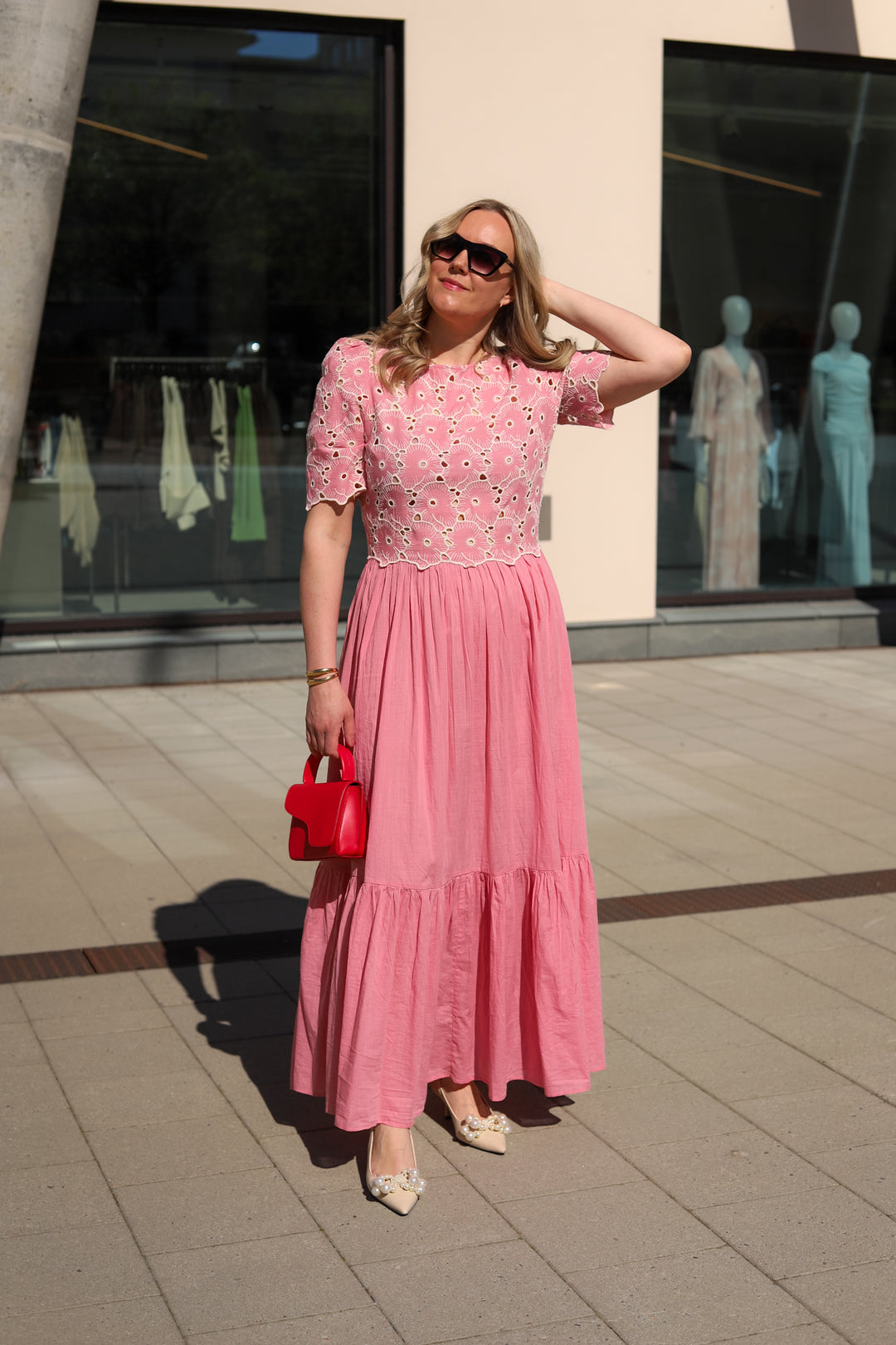 Broderie Anglaise Maxi Dress Rose Pink