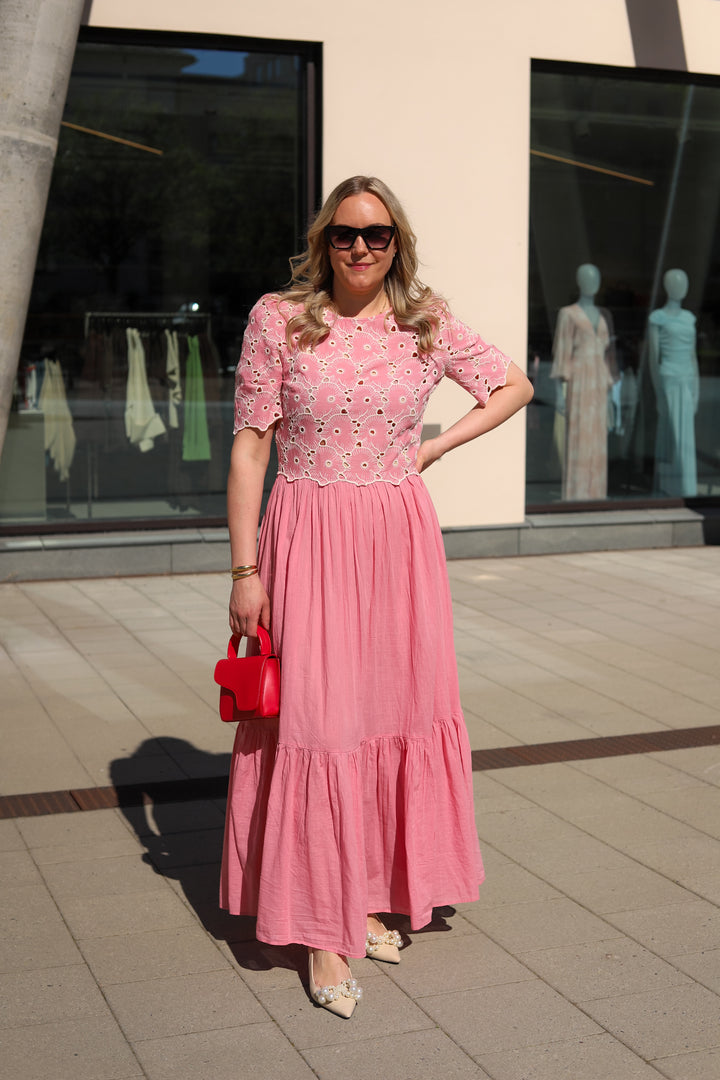 Broderie Anglaise Maxi Dress Rose Pink
