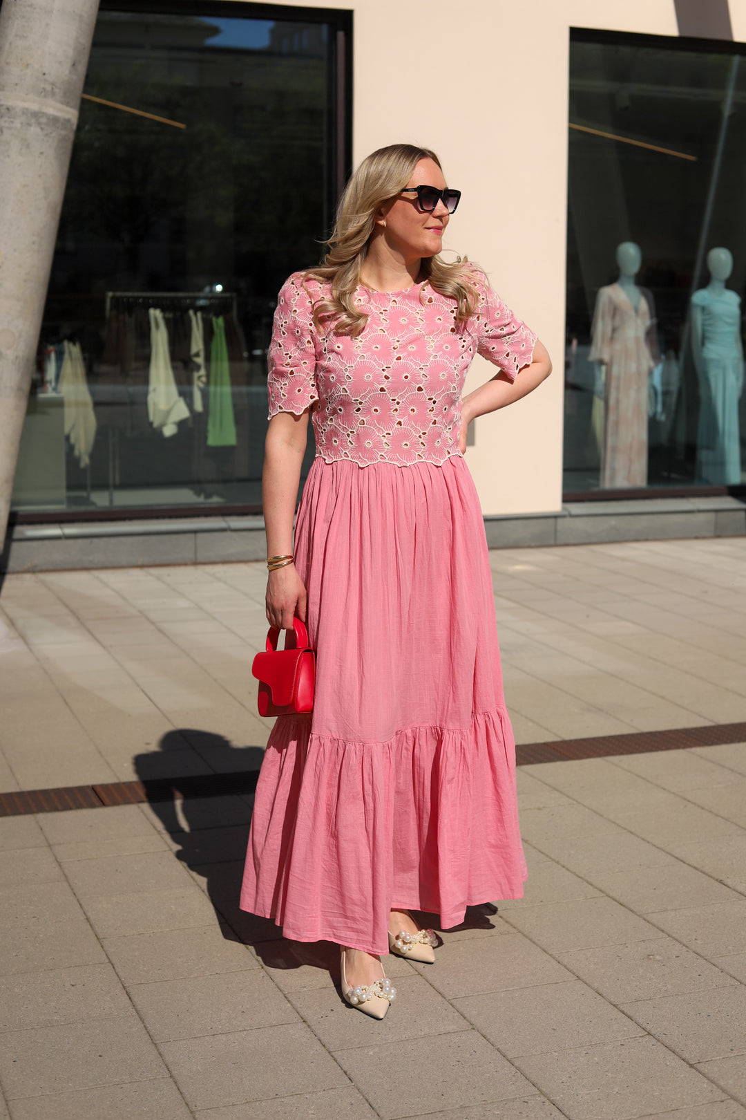 Broderie Anglaise Maxi Dress Rose Pink