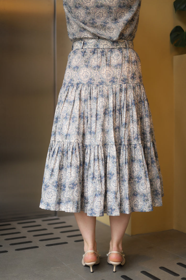Cotton Slub Midi Skirt Blue Paisley