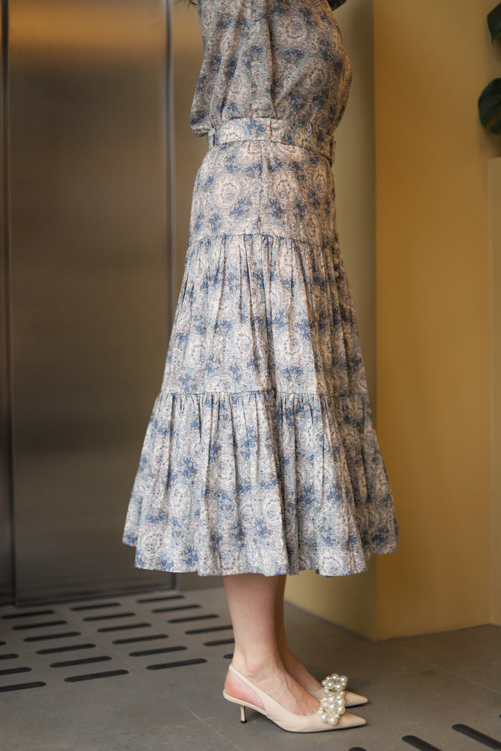 Cotton Slub Midi Skirt Blue Paisley