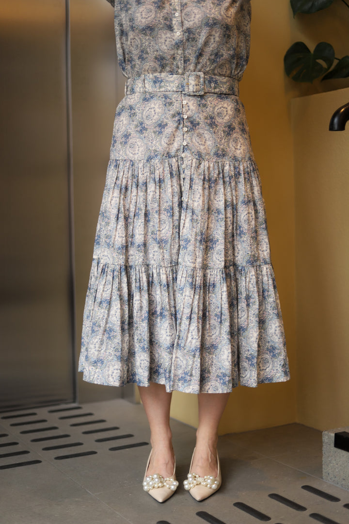 Cotton Slub Midi Skirt Blue Paisley