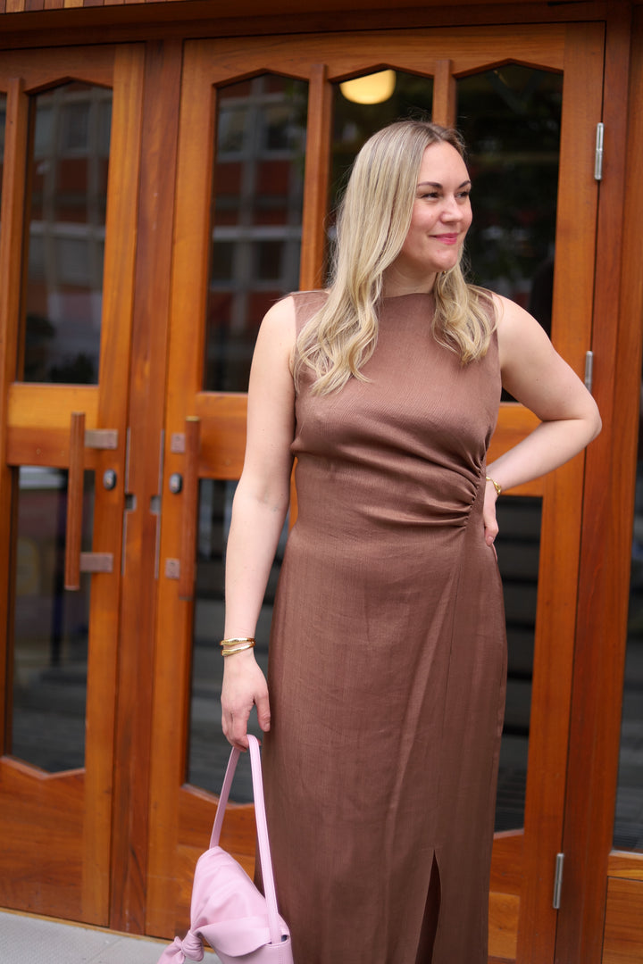 Shiny Sleeveless Dress Brown