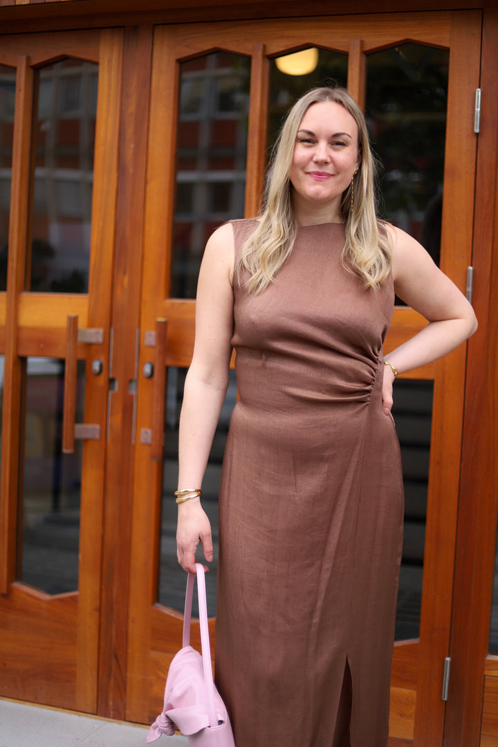 Shiny Sleeveless Dress Brown