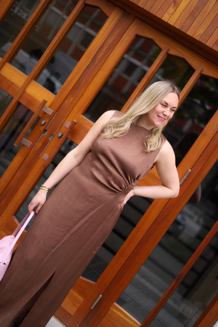 Shiny Sleeveless Dress Brown