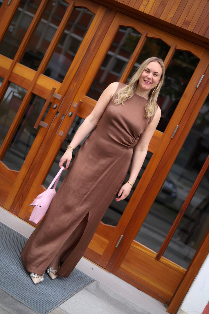 Shiny Sleeveless Dress Brown