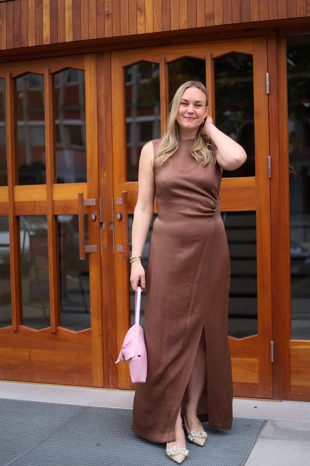 Shiny Sleeveless Dress Brown