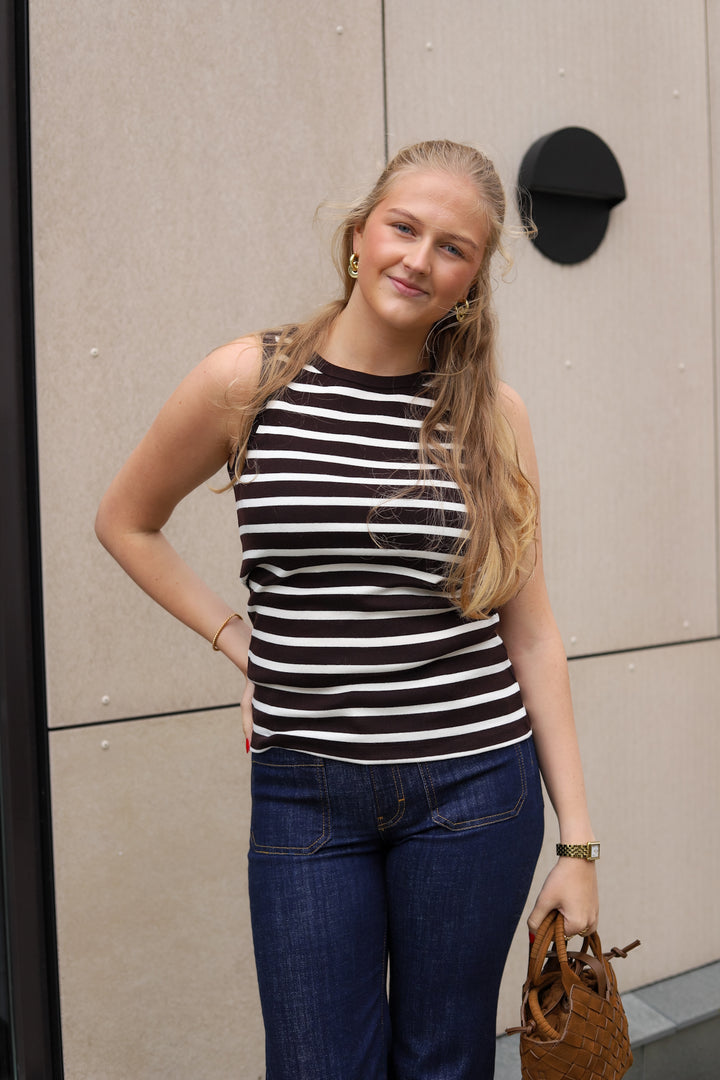 Iguanura Boat Neck Tank Top Brown Stripe
