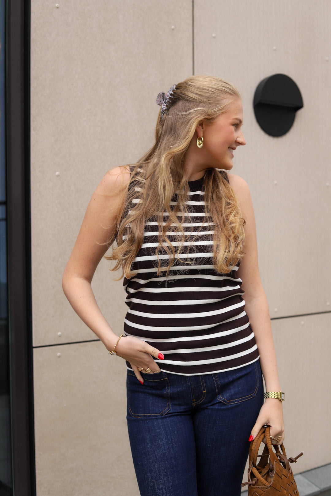 Iguanura Boat Neck Tank Top Brown Stripe