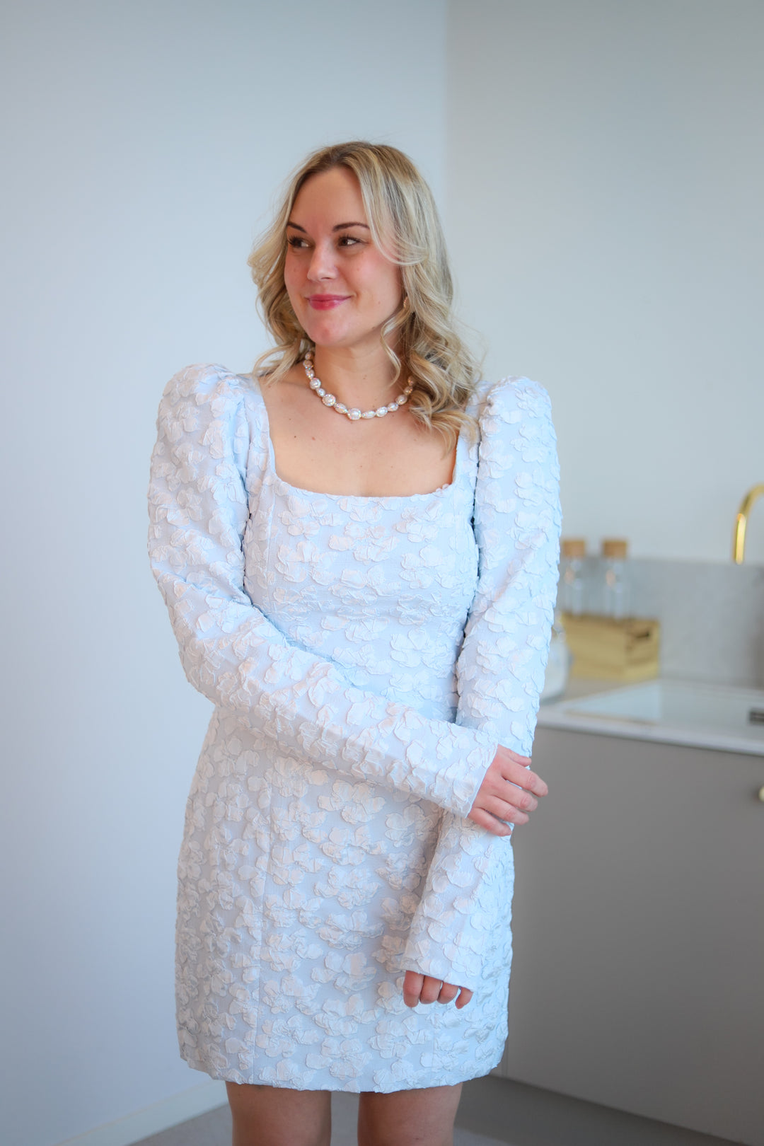 Jacquard Ls Mini Dress Illusion Blue