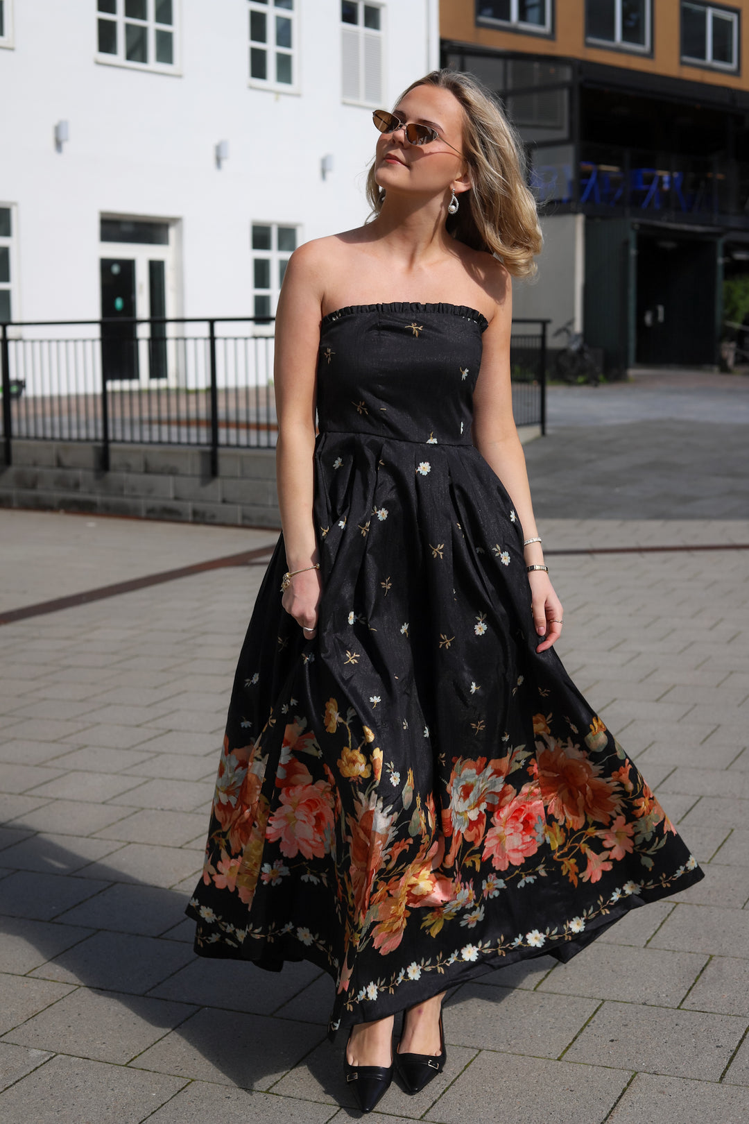 Taffeta Bandeau Dress Midnight Blossoms
