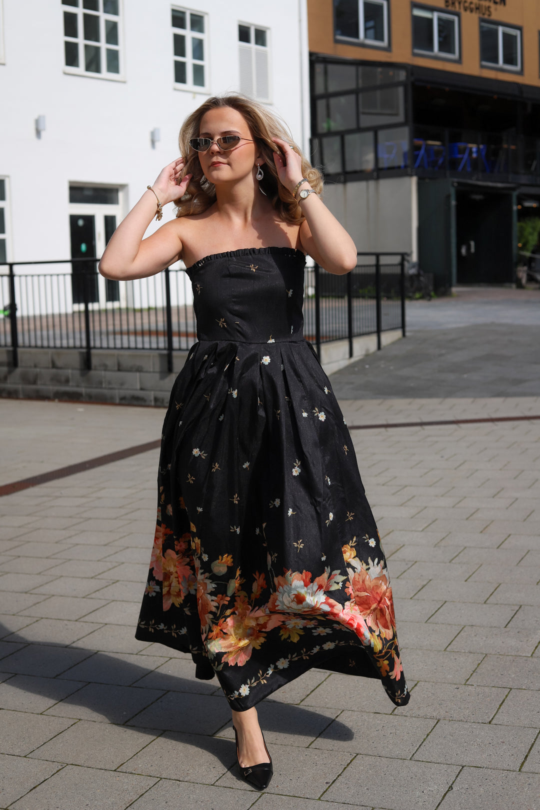 Taffeta Bandeau Dress Midnight Blossoms