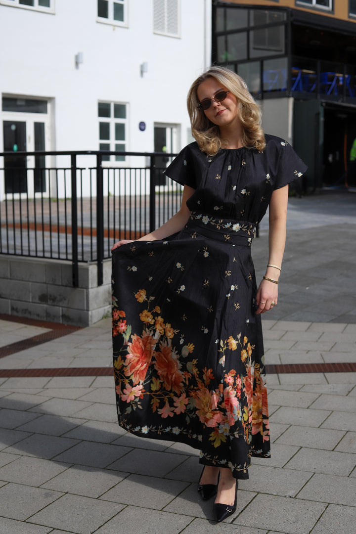 Taffeta Maxi Skirt Midnight Blossoms