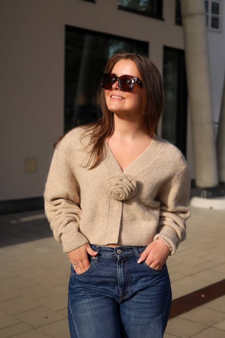 Knit Flower Cardigan Oxford Tan