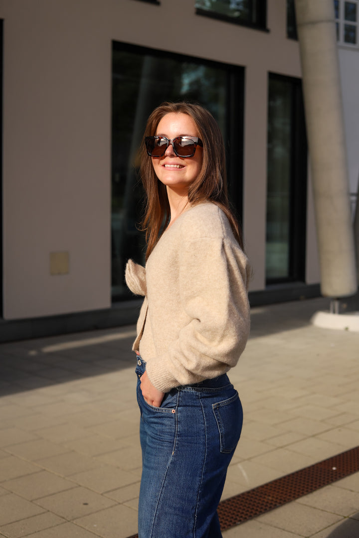 Knit Flower Cardigan Oxford Tan