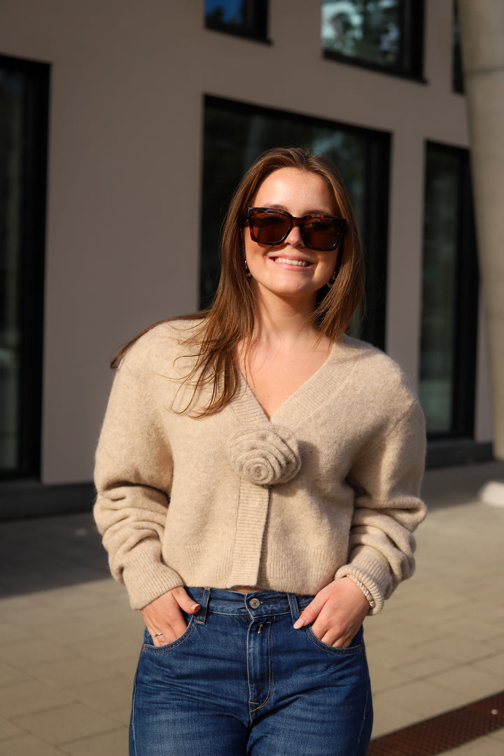 Knit Flower Cardigan Oxford Tan