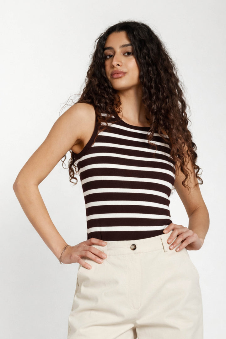 Iguanura Boat Neck Tank Top Brown Stripe