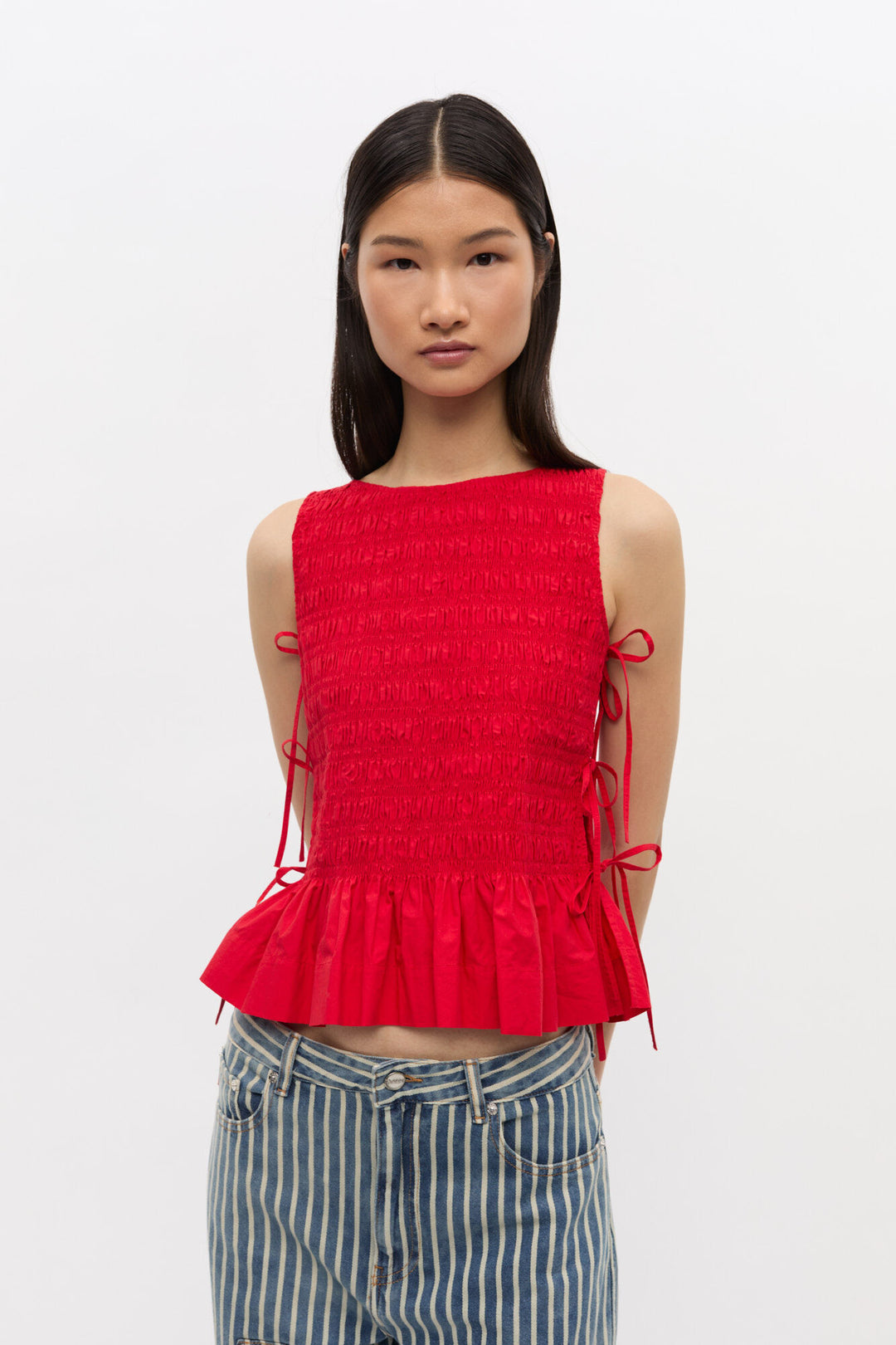 Cotton Poplin Smock Tie String Top Racing Red