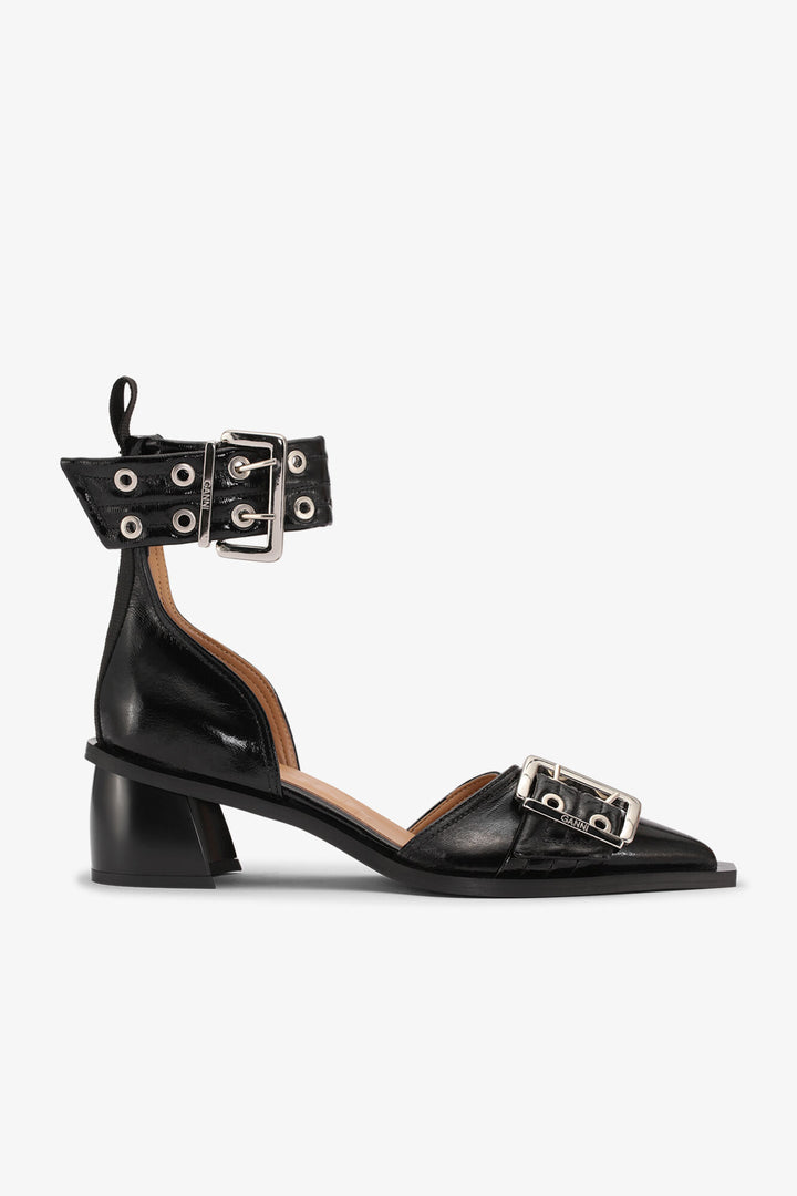 Feminine Buckle Open Cut Pump Naplack Black