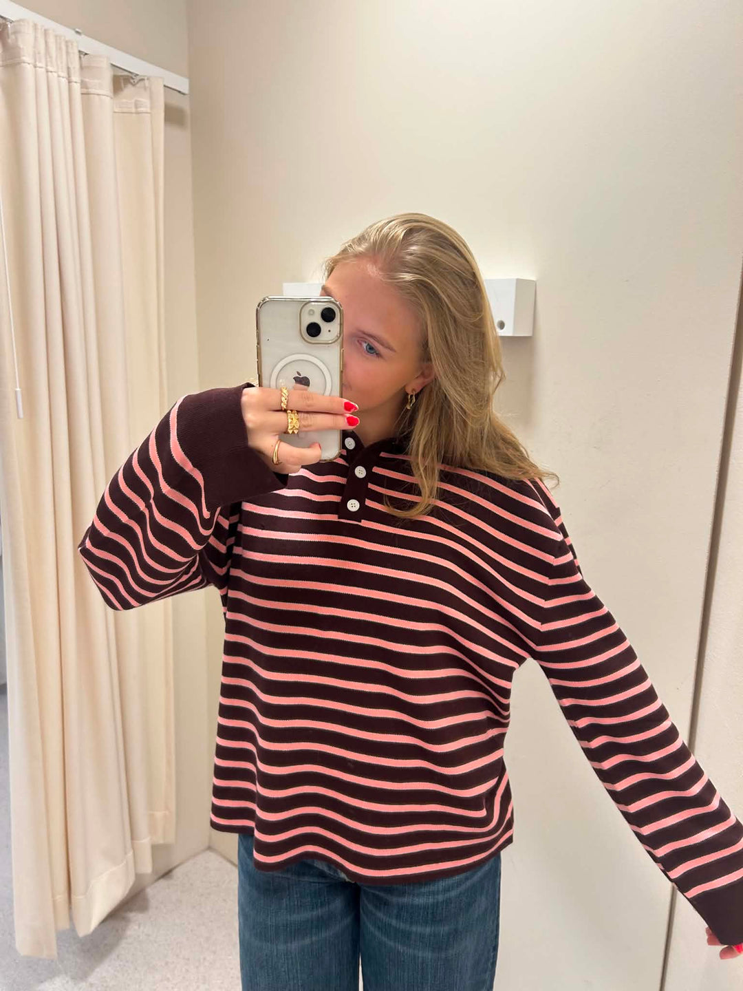 Adanne Polo Knit Stripe Bordeaux/Pink