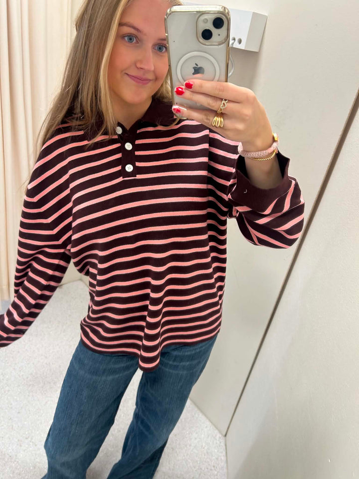 Adanne Polo Knit Stripe Bordeaux/Pink
