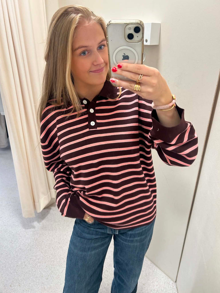 Adanne Polo Knit Stripe Bordeaux/Pink