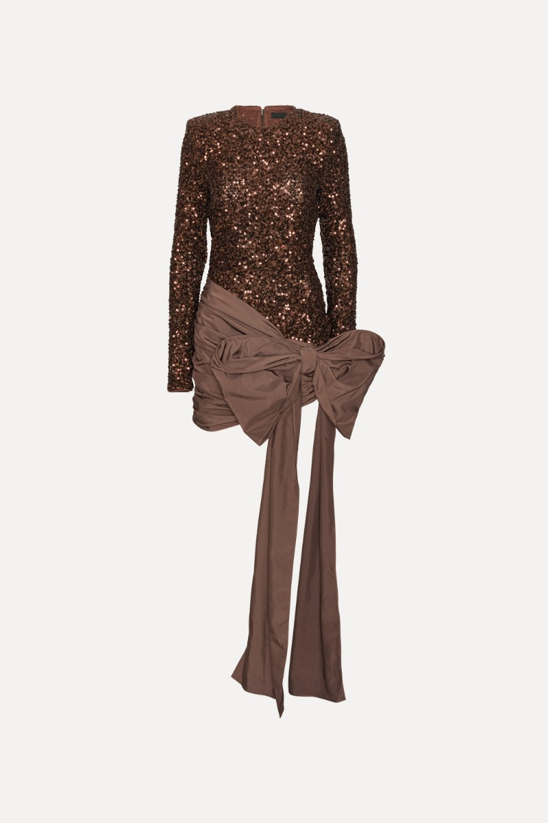 Sequins Bow Mini Dress Chicory Coffee