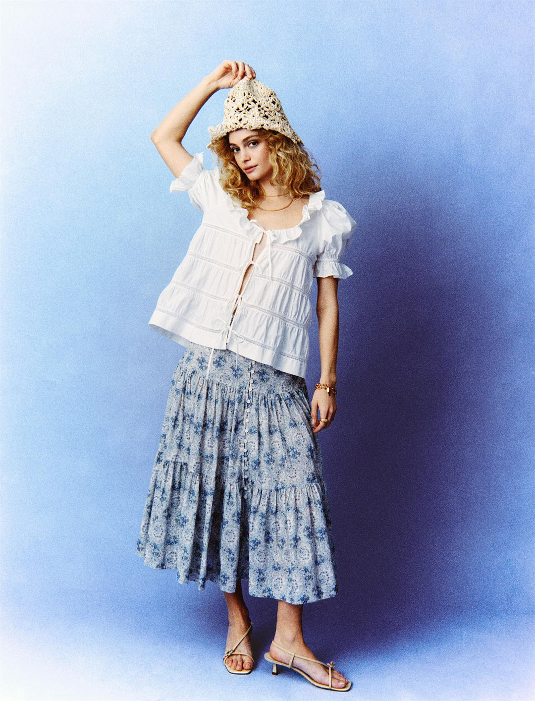 Cotton Slub Midi Skirt Blue Paisley
