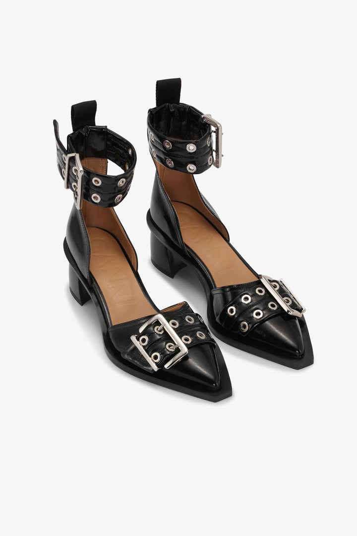 Feminine Buckle Open Cut Pump Naplack Black
