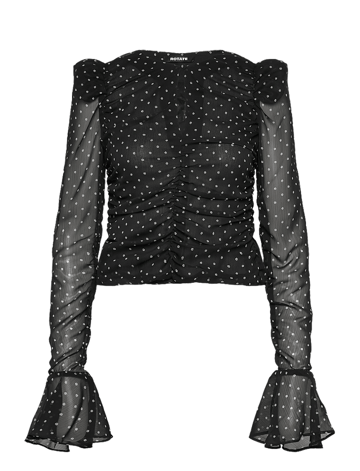 Chiffon Ruched Ls Top Black Comb