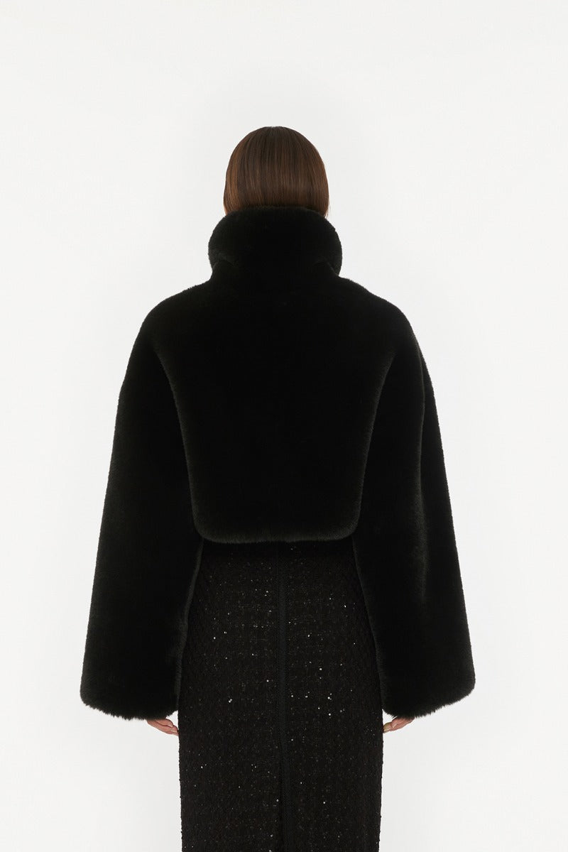 Faux Fur Crop Jacket Black